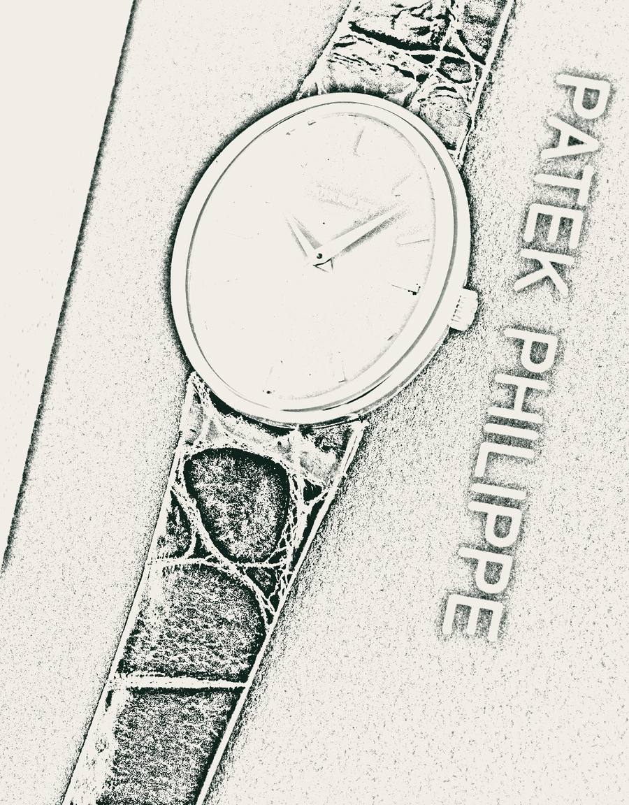 Line drawing of an oval dress watch on a leather strap