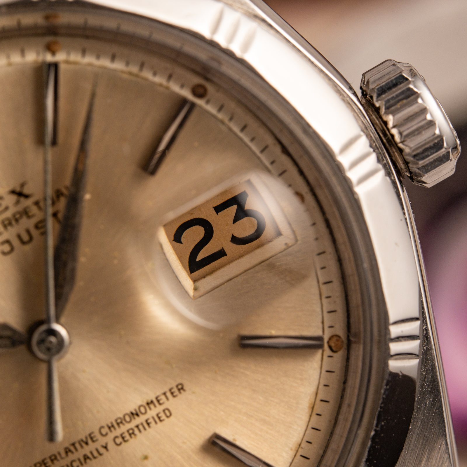 Close-up of the date window and Cyclops lens on a Datejust ref. 1603
